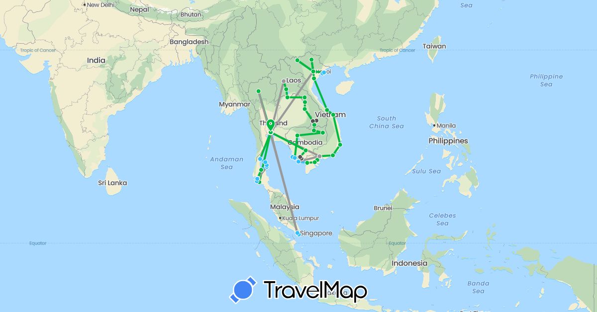 TravelMap itinerary: bus, plane, boat, motorbike in Indonesia, Cambodia, Laos, Singapore, Thailand, Vietnam (Asia)